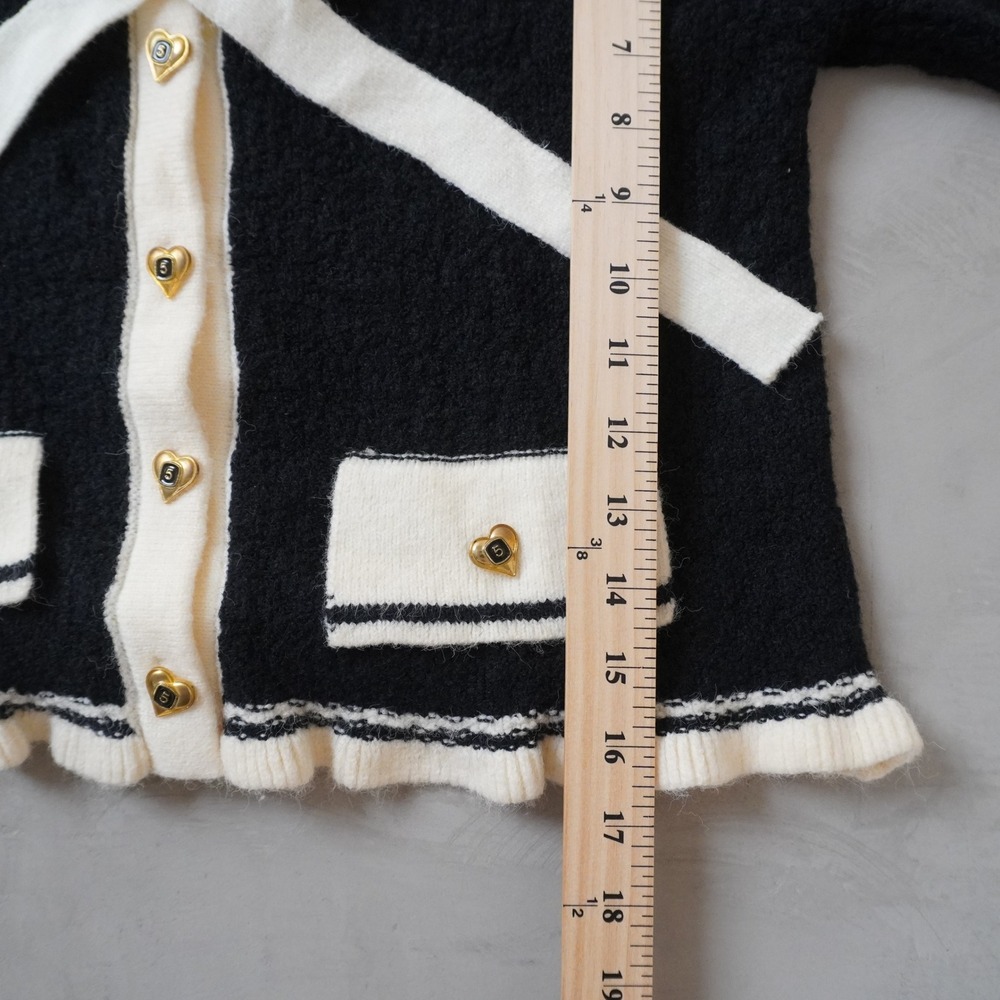 Vintage Style Cropped Cardigan Medium Black White Heart Button Bow Coquette - Picture 7 of 7